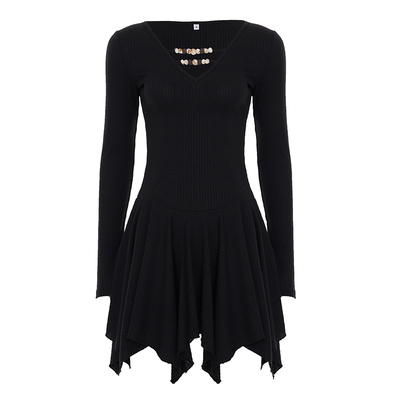 复古V领串珠不规则长袖连衣短裙