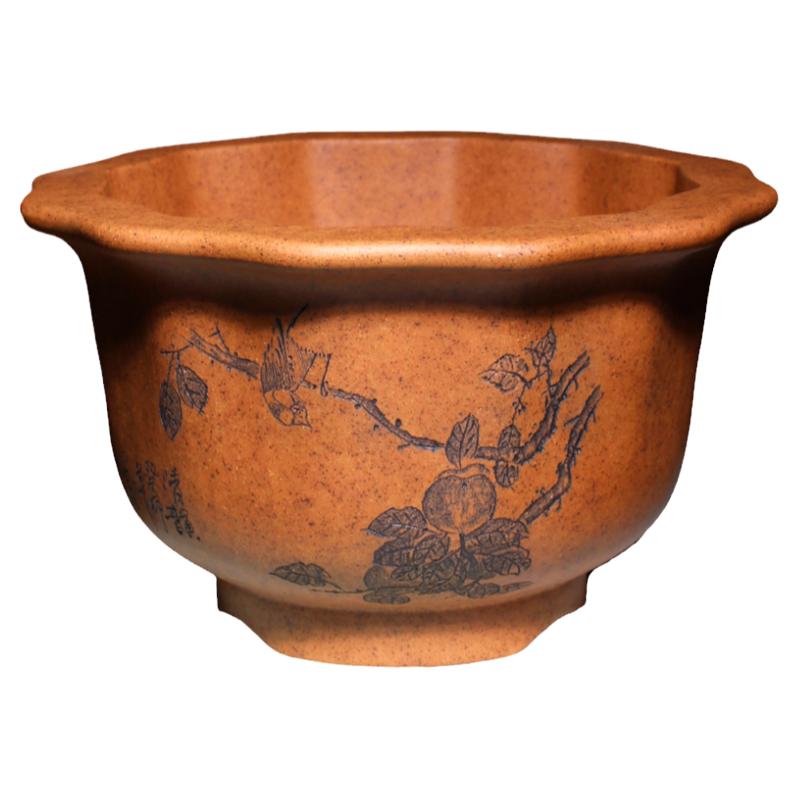 紫砂葵口金钟柴烧花盆