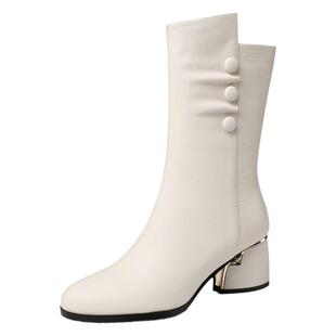 圆头秋冬新款高跟米色真皮靴子女中筒靴粗跟百搭加绒大码皮靴子女