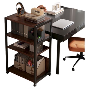 书桌旁书架落地置物架多层钢木收纳储物架可移动带轮架子简易书柜