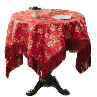 复古红色桌布新年中式结婚喜庆餐桌布氛围感圆桌台布长方形茶几布