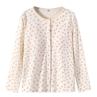 带胸垫纯棉开衫上衣宽松女乳腺放疗穿的衣服长袖圆领家居服