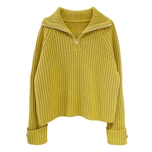 misslady拉链翻领羊毛成分毛衣女士上衣慵懒新款宽松显瘦气质短款