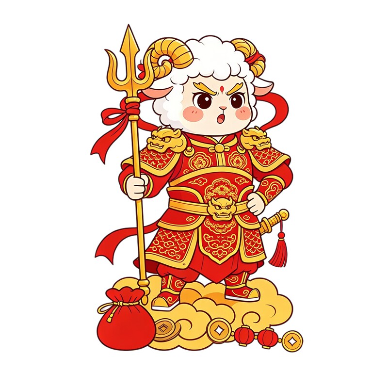 羊年门神墙贴贴纸铠甲武将小羊祥云福袋中式新年自粘门扉防水贴画