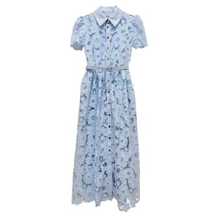 春夏女装新款蓝色激光镂空绣花短袖翻领连衣裙漂亮大方两件套长裙