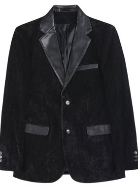 高级感丝绒休闲西服男上衣时尚拼皮外套青年痞帅正装修身绒面西装
