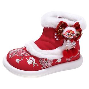 官网C&K儿童汉服鞋女童冬季新款红色绣花棉鞋加绒古风保暖雪地靴