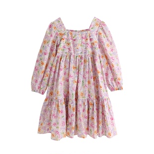 布丁哈鲁春装女童2026春秋季新款儿童休闲洋气纯棉碎花宝宝连衣裙