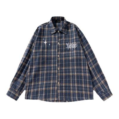 蓝色格子长袖衬衫男法式刺绣男款