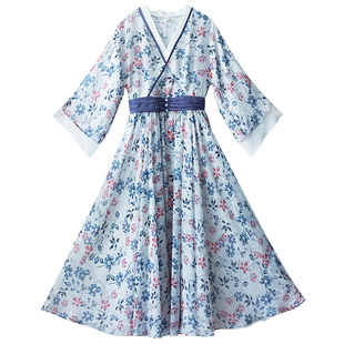 现货【花弄裳】新中式汉元素连衣裙女夏碎花裙收腰长裙轻国风裙子
