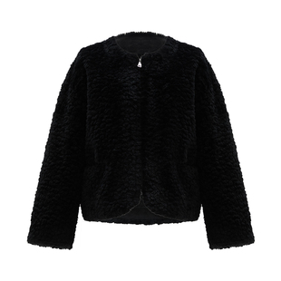 IAmMIX27冬季毛绒绒圆领外套女短款保暖时尚百搭黑色皮毛一体皮草