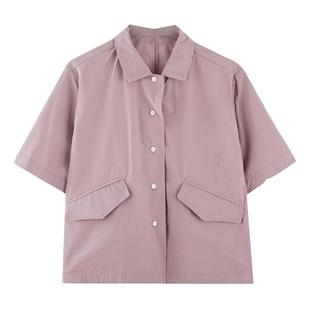 百思朵日系学院风香芋紫衬衫女纯棉上衣小清新宽松淡紫色短袖衬衣