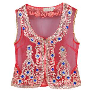 新疆维吾尔族舞蹈演出服装女夏季薄款网纱绣花短马甲透气修身坎肩