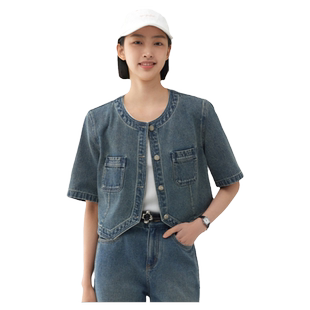 古木夕羊小香风牛仔外套女秋季新品时尚半袖圆领上衣