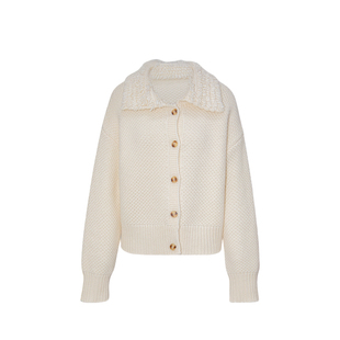 嫚渡|100%山羊绒大翻领长袖宽松短款单排扣白色山羊绒开衫