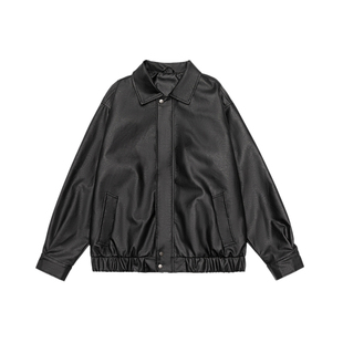 美式复古纯色翻领皮衣外套男宽松休闲飞行员皮夹克潮流痞帅机车服