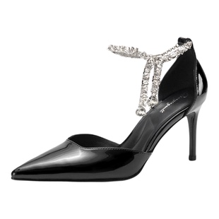 女高跟真皮版春新款绝美时尚中空单鞋宴会尖头水钻8cm高跟鞋细跟