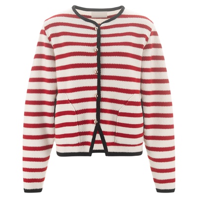 wanatry复古红条纹法式羊毛开衫