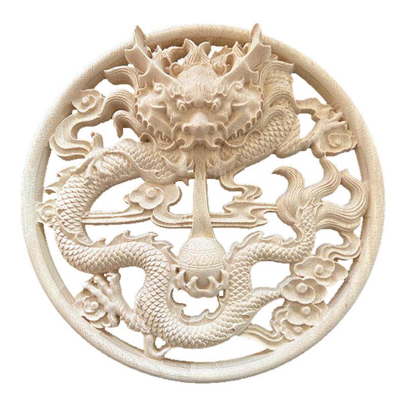 东阳木雕新中式仿古龙凤荷圆盘实木贴花片玄关家具浮雕工艺品装饰