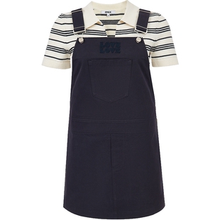 ONLY夏季纯棉条纹短袖针织套装工装直筒背带连衣裙女