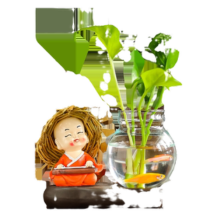 创意禅意茶宠四不小和尚卧室插花小摆件玻璃器皿绿萝水培桌面花瓶