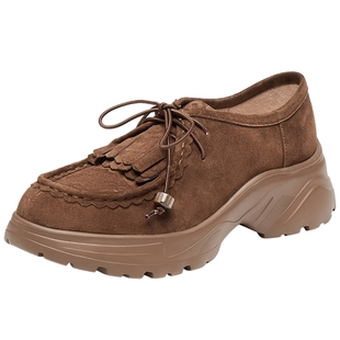 董洁同款真美诗奶油可可春秋新款流苏乐福鞋加绒休闲厚底袋鼠鞋女