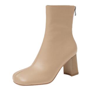 新品手工真皮头层羊皮短靴女单靴时尚方头粗高跟百搭气质杏色米白