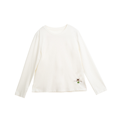 忘城H1270座/秋季新款棉氨纶柔软百搭白色长袖打底衫绣花T恤上衣