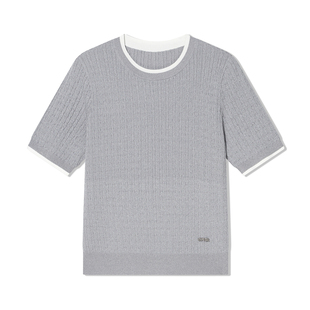 COVERINS2025夏季新款淡人穿搭灰色圆领绞花短袖针织衫薄款上衣女