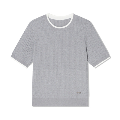 COVERINS气质灰色绞花短袖针织上衣女夏季CC35206280