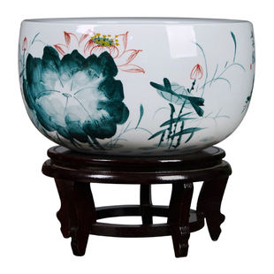 景德镇陶瓷手绘青花瓷小号金鱼缸客厅桌面养乌龟睡莲荷花盆风水缸