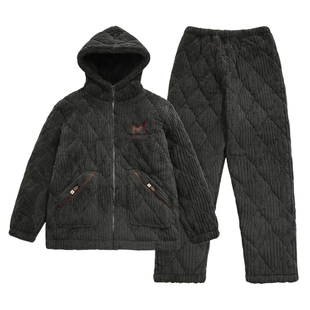 新款男士睡衣珊瑚绒秋冬季加厚加绒保暖三层夹棉袄冬天家居服套装