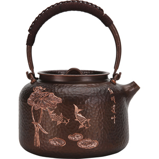 年年有余纯手工无涂层一张打一体铜壶纯铜烧水壶功夫茶煮茶紫铜壶