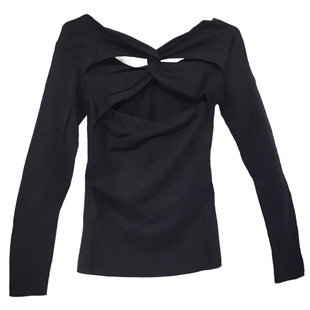 2025冬季新款V领T恤女修身大码长袖性感镂空露背黑色百搭低领上衣