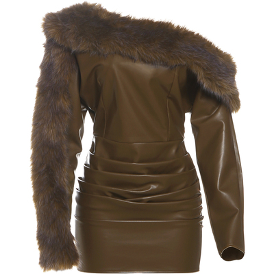 不规则斜肩pu皮拼接长袖连衣裙女