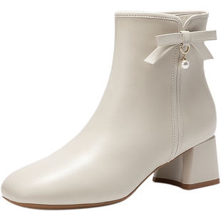 natursun简约时装靴2025冬季新款女小蝴蝶结短靴温柔气质百春季