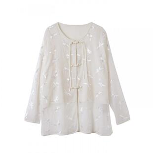 宝诗黎圆领盘扣刺绣镂空衬衫2026春季新中式休闲百搭宽松慵懒衬衣