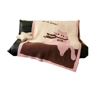 卡通风粉色猫咪毛毯办公室毯子午睡毯沙发毯冬季加厚珊瑚绒毯盖毯
