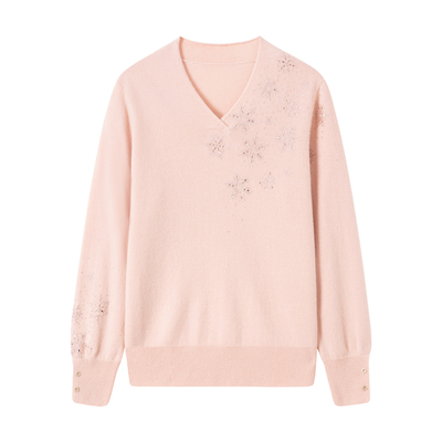 恒源祥高端100羊毛衫V领绣花毛衣
