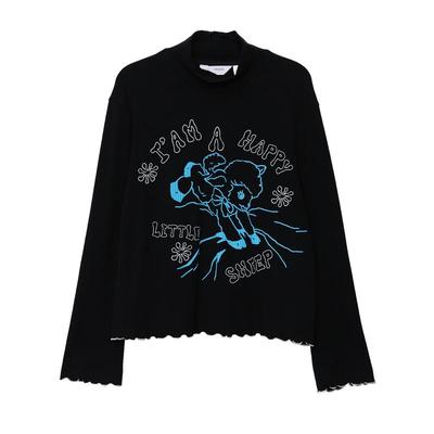 MOVEUP幻走2025冬季新款.FUN系列半高领趣味印花密边短款T恤女