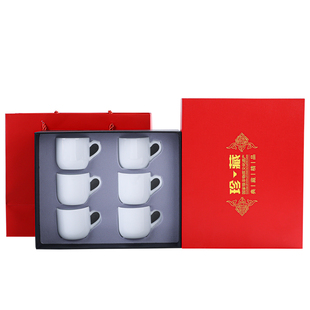 带把防烫茶杯套装6只功夫品茗杯大号主人杯纯白冰种玉白瓷礼盒装