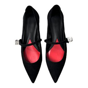 RV25春夏新款羊京浅口尖头平跟红爱心四方钻一字玛丽珍纱网时装鞋