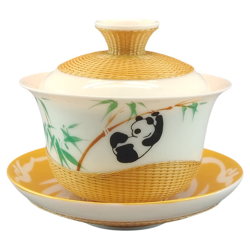 竹编茶具套装熊猫图案功夫茶具盖碗茶杯整套家用茶艺用品