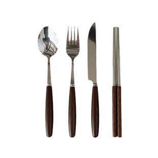 穆尼 简约ins鸡翅木柄刀叉勺西餐餐具套装不锈钢复古吃饭筷子叉勺