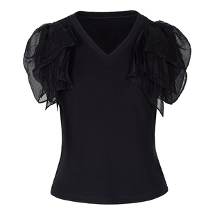 允硕新品时尚百搭拼接无袖V领女气质简约黑色T恤短袖上衣345208