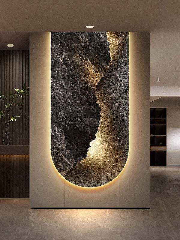 轻奢石来运转玄关装饰画抽象走廊尽头拱形挂画高级感入户带灯壁画