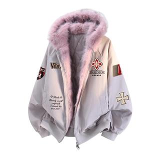 查尔斯桃心座山雕毛领连帽棉衣冬季情侣加厚徽章印花防寒棉服外套