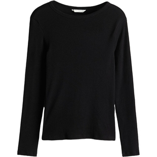 HM女装T恤冬季休闲时尚修身打底圆领棉质罗纹棉质长袖上衣1260555