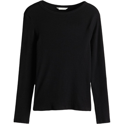 HM女装T恤冬季休闲时尚修身打底圆领棉质罗纹棉质长袖上衣1260555