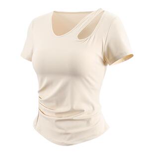 胖mm大码瑜伽服上衣女带胸垫运动短袖t恤高弹力修身显瘦健身服夏